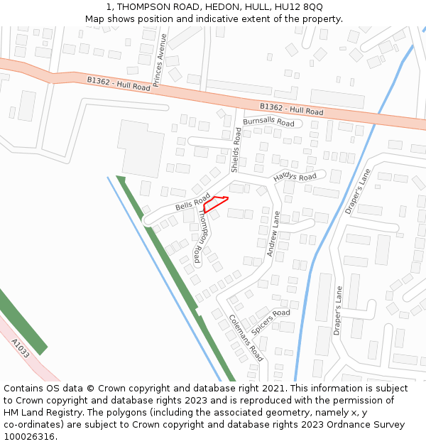 1, THOMPSON ROAD, HEDON, HULL, HU12 8QQ: Location map and indicative extent of plot