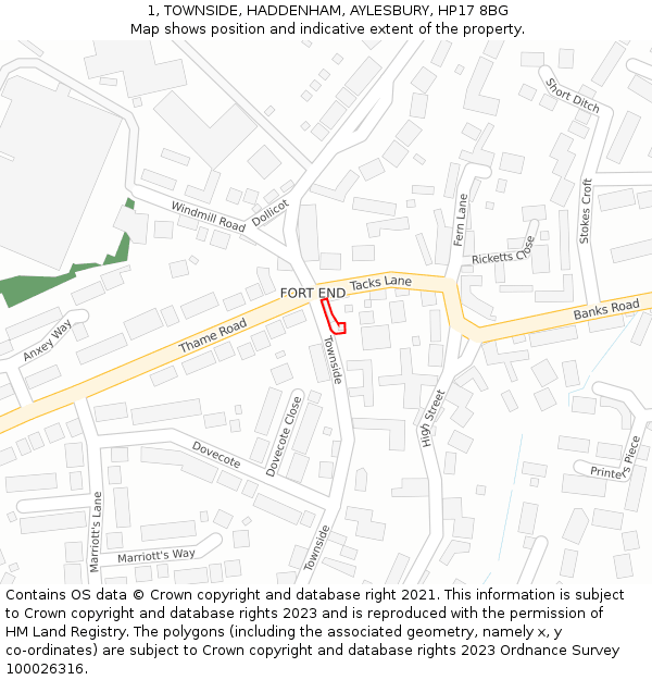 1, TOWNSIDE, HADDENHAM, AYLESBURY, HP17 8BG: Location map and indicative extent of plot