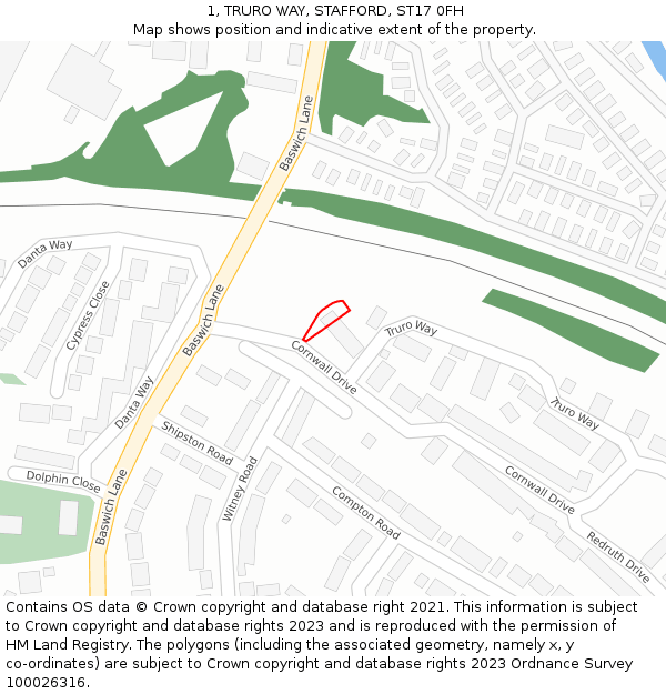 1, TRURO WAY, STAFFORD, ST17 0FH: Location map and indicative extent of plot