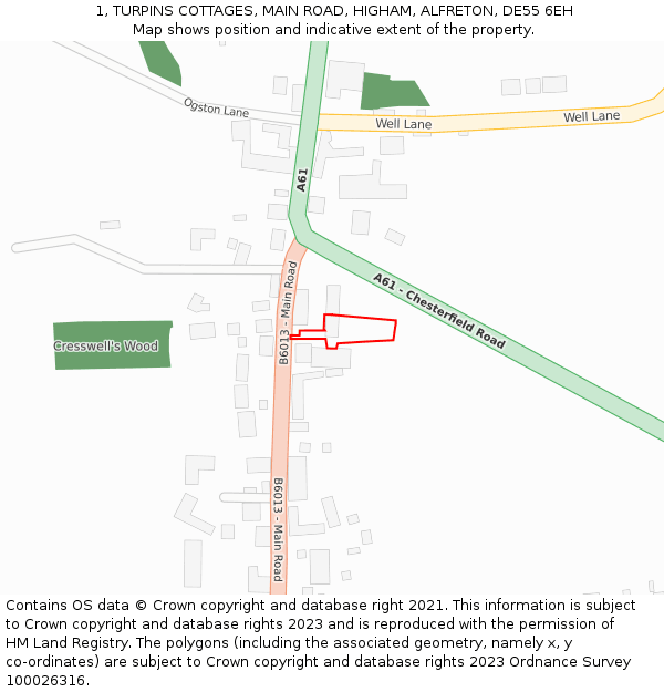 1, TURPINS COTTAGES, MAIN ROAD, HIGHAM, ALFRETON, DE55 6EH: Location map and indicative extent of plot