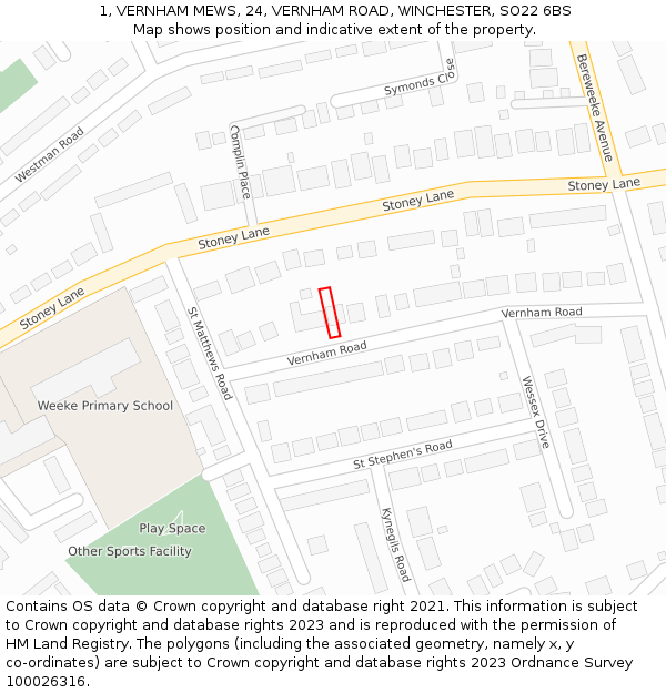 1, VERNHAM MEWS, 24, VERNHAM ROAD, WINCHESTER, SO22 6BS: Location map and indicative extent of plot