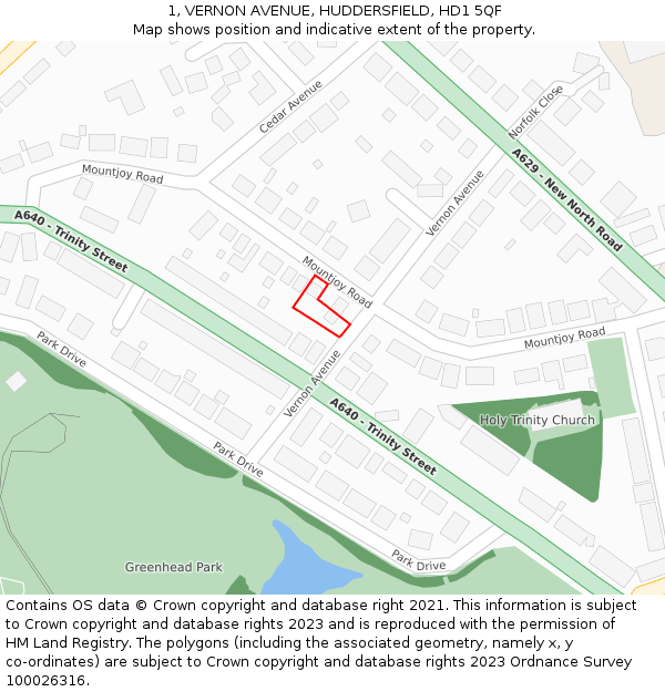 1, VERNON AVENUE, HUDDERSFIELD, HD1 5QF: Location map and indicative extent of plot