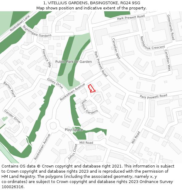 1, VITELLIUS GARDENS, BASINGSTOKE, RG24 9SG: Location map and indicative extent of plot