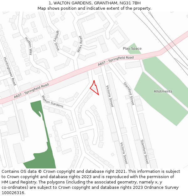 1, WALTON GARDENS, GRANTHAM, NG31 7BH: Location map and indicative extent of plot