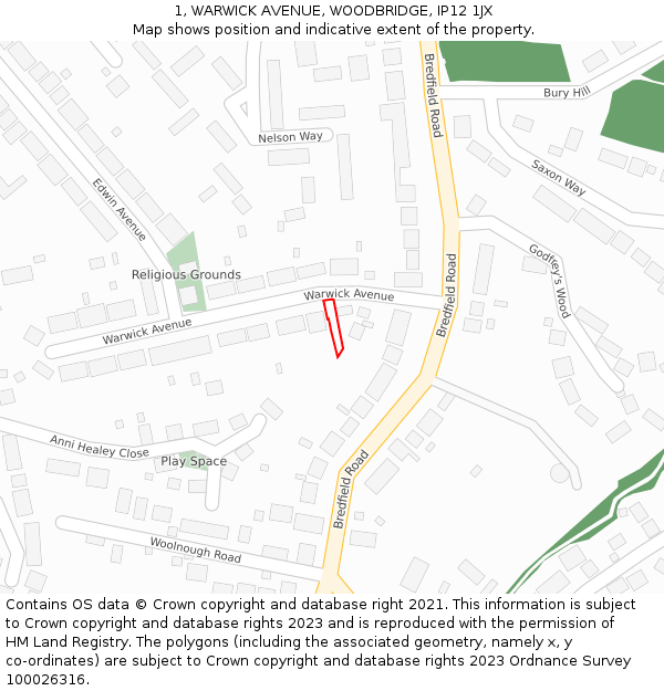1, WARWICK AVENUE, WOODBRIDGE, IP12 1JX: Location map and indicative extent of plot