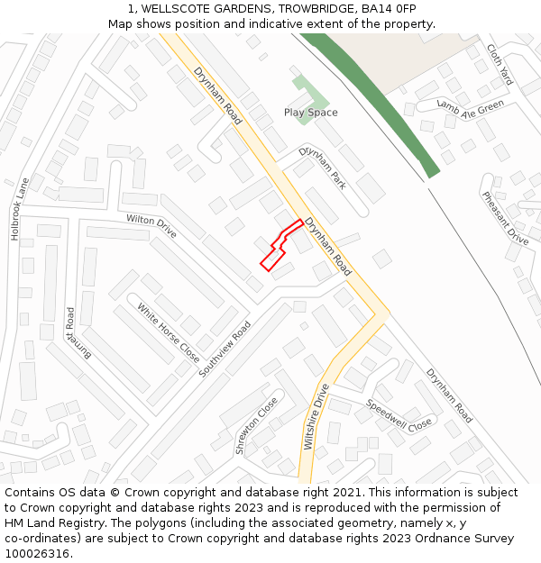 1, WELLSCOTE GARDENS, TROWBRIDGE, BA14 0FP: Location map and indicative extent of plot