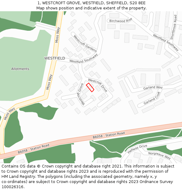 1, WESTCROFT GROVE, WESTFIELD, SHEFFIELD, S20 8EE: Location map and indicative extent of plot