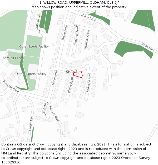 1, WILLOW ROAD, UPPERMILL, OLDHAM, OL3 6JP: Location map and indicative extent of plot