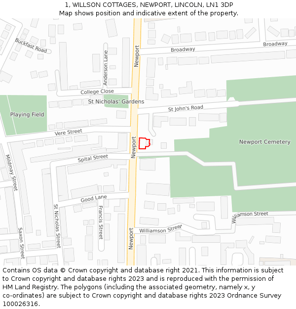 1, WILLSON COTTAGES, NEWPORT, LINCOLN, LN1 3DP: Location map and indicative extent of plot