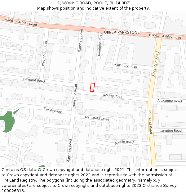 1, WOKING ROAD, POOLE, BH14 0BZ: Location map and indicative extent of plot