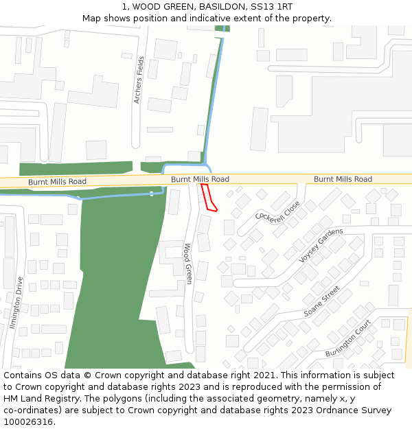 1, WOOD GREEN, BASILDON, SS13 1RT: Location map and indicative extent of plot