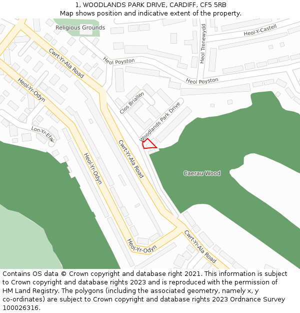 1, WOODLANDS PARK DRIVE, CARDIFF, CF5 5RB: Location map and indicative extent of plot