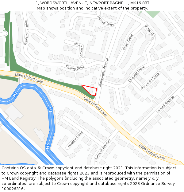 1, WORDSWORTH AVENUE, NEWPORT PAGNELL, MK16 8RT: Location map and indicative extent of plot