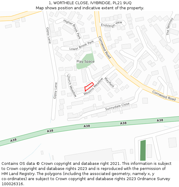 1, WORTHELE CLOSE, IVYBRIDGE, PL21 9UQ: Location map and indicative extent of plot
