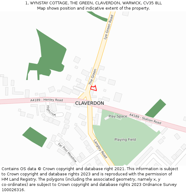 1, WYNSTAY COTTAGE, THE GREEN, CLAVERDON, WARWICK, CV35 8LL: Location map and indicative extent of plot