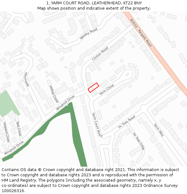 1, YARM COURT ROAD, LEATHERHEAD, KT22 8NY: Location map and indicative extent of plot