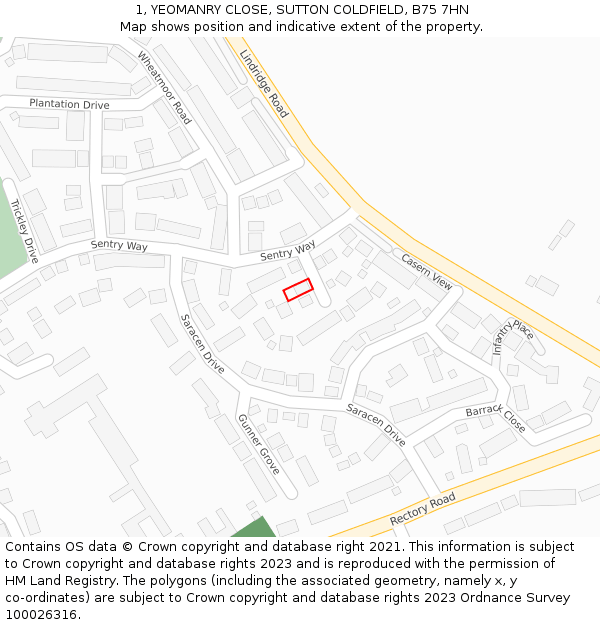 1, YEOMANRY CLOSE, SUTTON COLDFIELD, B75 7HN: Location map and indicative extent of plot