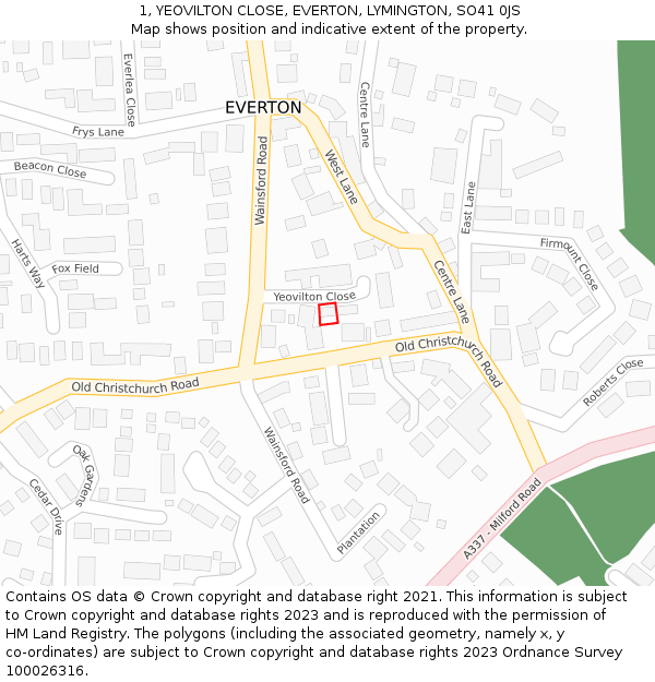 1, YEOVILTON CLOSE, EVERTON, LYMINGTON, SO41 0JS: Location map and indicative extent of plot