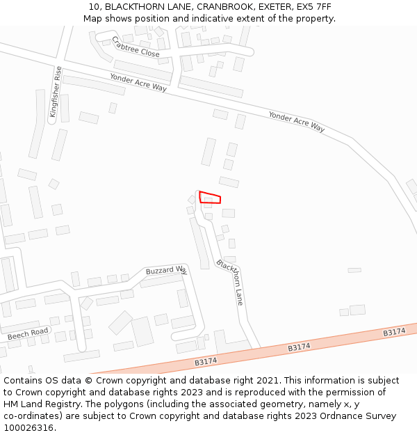 10, BLACKTHORN LANE, CRANBROOK, EXETER, EX5 7FF: Location map and indicative extent of plot