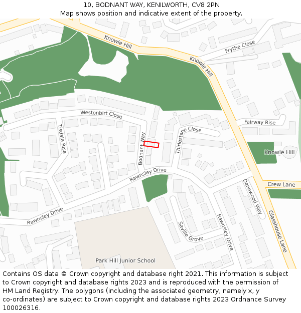 10, BODNANT WAY, KENILWORTH, CV8 2PN: Location map and indicative extent of plot