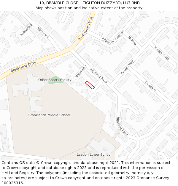 10, BRAMBLE CLOSE, LEIGHTON BUZZARD, LU7 3NB: Location map and indicative extent of plot