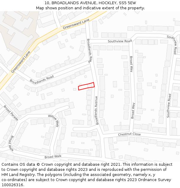 10, BROADLANDS AVENUE, HOCKLEY, SS5 5EW: Location map and indicative extent of plot