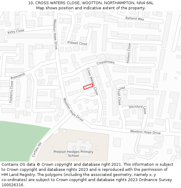 10, CROSS WATERS CLOSE, WOOTTON, NORTHAMPTON, NN4 6AL: Location map and indicative extent of plot