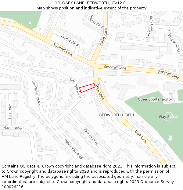 10, DARK LANE, BEDWORTH, CV12 0JL: Location map and indicative extent of plot