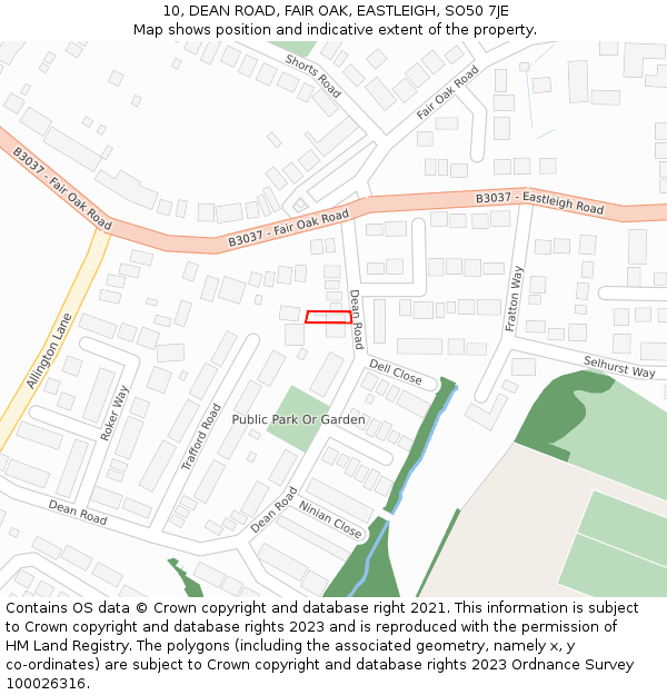 10, DEAN ROAD, FAIR OAK, EASTLEIGH, SO50 7JE: Location map and indicative extent of plot