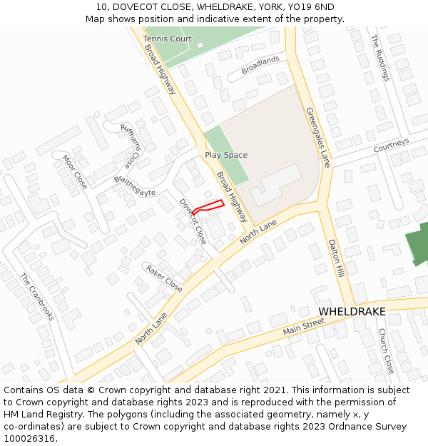 10, DOVECOT CLOSE, WHELDRAKE, YORK, YO19 6ND: Location map and indicative extent of plot