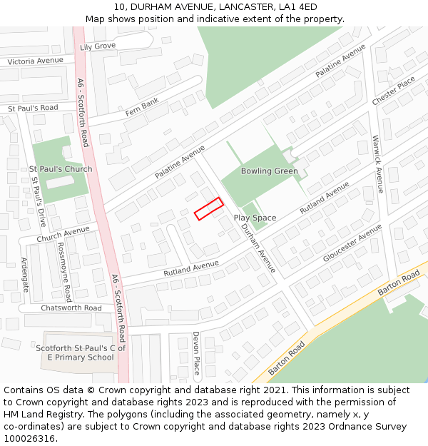 10, DURHAM AVENUE, LANCASTER, LA1 4ED: Location map and indicative extent of plot