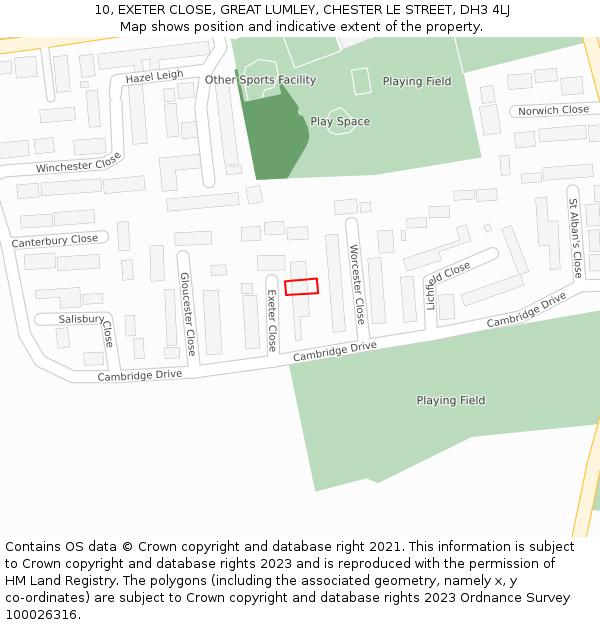 10, EXETER CLOSE, GREAT LUMLEY, CHESTER LE STREET, DH3 4LJ: Location map and indicative extent of plot