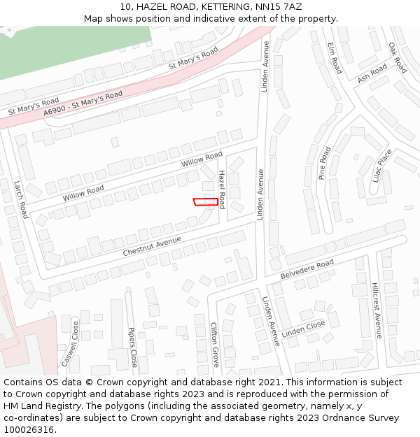 10, HAZEL ROAD, KETTERING, NN15 7AZ: Location map and indicative extent of plot