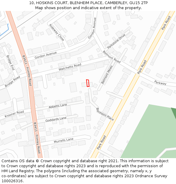 10, HOSKINS COURT, BLENHEIM PLACE, CAMBERLEY, GU15 2TP: Location map and indicative extent of plot