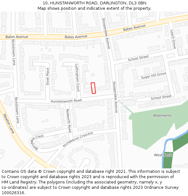 10, HUNSTANWORTH ROAD, DARLINGTON, DL3 0BN: Location map and indicative extent of plot