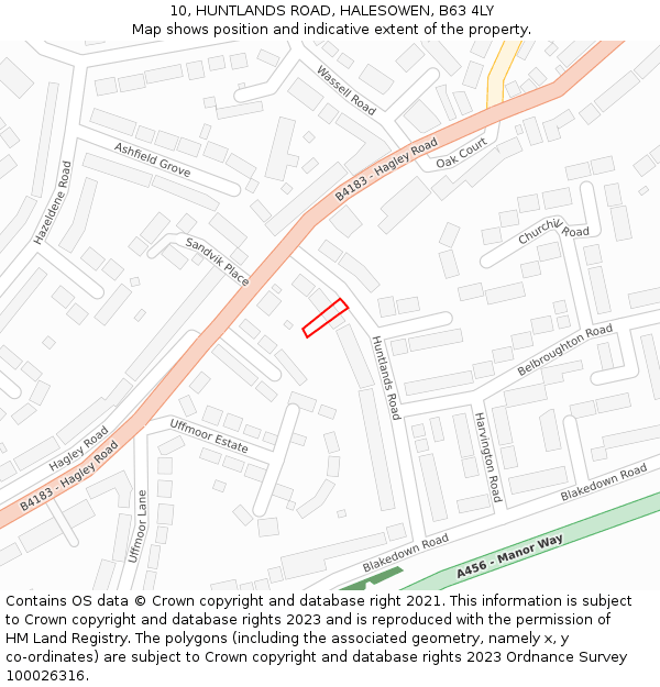 10, HUNTLANDS ROAD, HALESOWEN, B63 4LY: Location map and indicative extent of plot