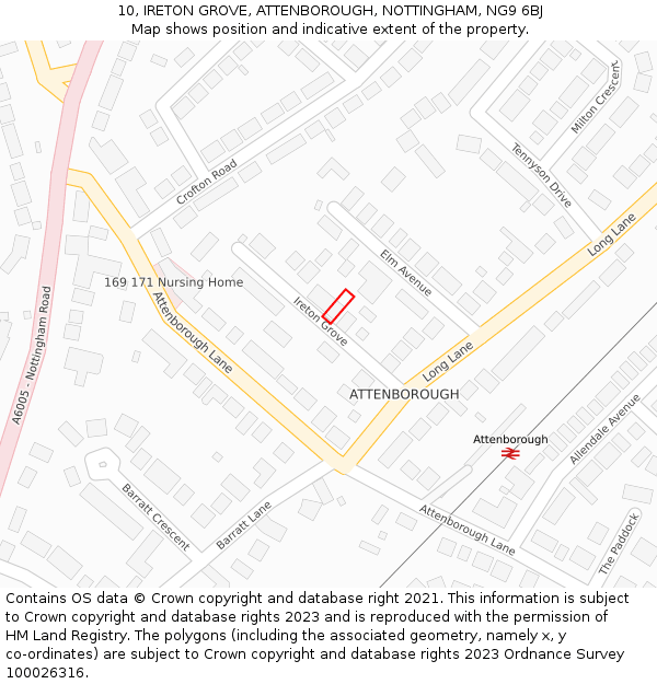 10, IRETON GROVE, ATTENBOROUGH, NOTTINGHAM, NG9 6BJ: Location map and indicative extent of plot