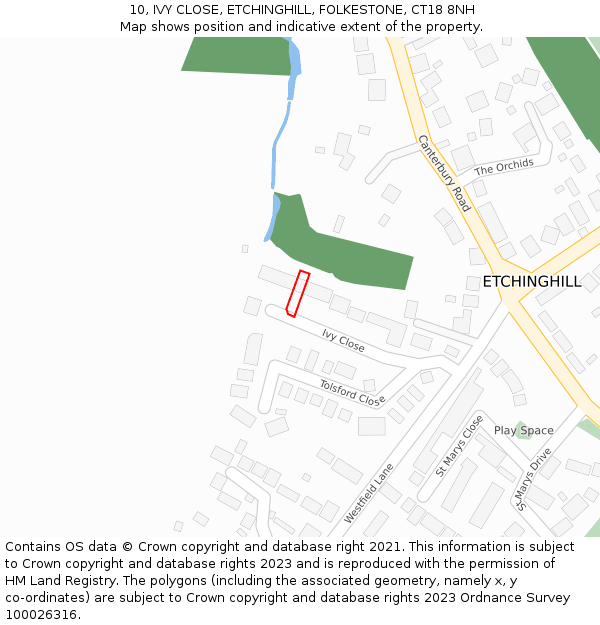 10, IVY CLOSE, ETCHINGHILL, FOLKESTONE, CT18 8NH: Location map and indicative extent of plot