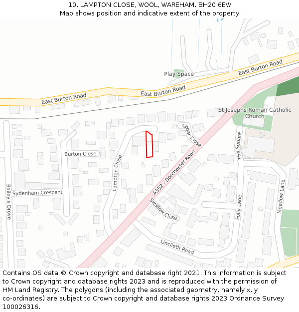 10, LAMPTON CLOSE, WOOL, WAREHAM, BH20 6EW: Location map and indicative extent of plot