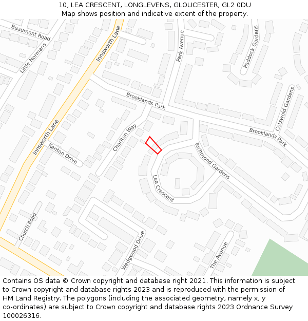 10, LEA CRESCENT, LONGLEVENS, GLOUCESTER, GL2 0DU: Location map and indicative extent of plot