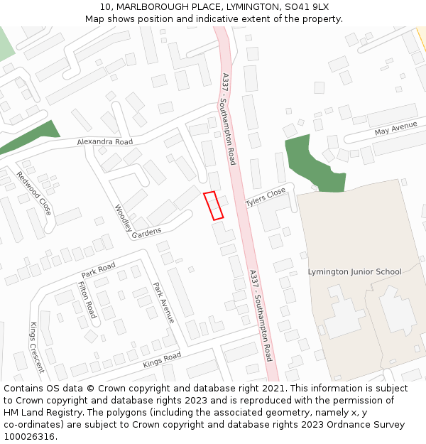 10, MARLBOROUGH PLACE, LYMINGTON, SO41 9LX: Location map and indicative extent of plot