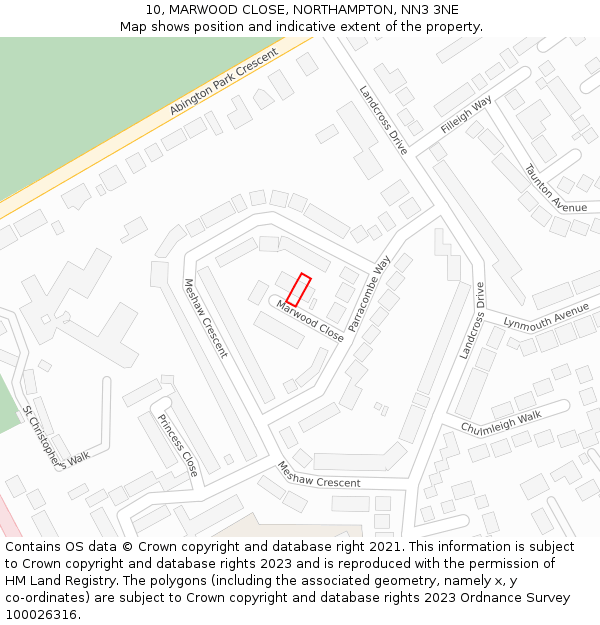 10, MARWOOD CLOSE, NORTHAMPTON, NN3 3NE: Location map and indicative extent of plot