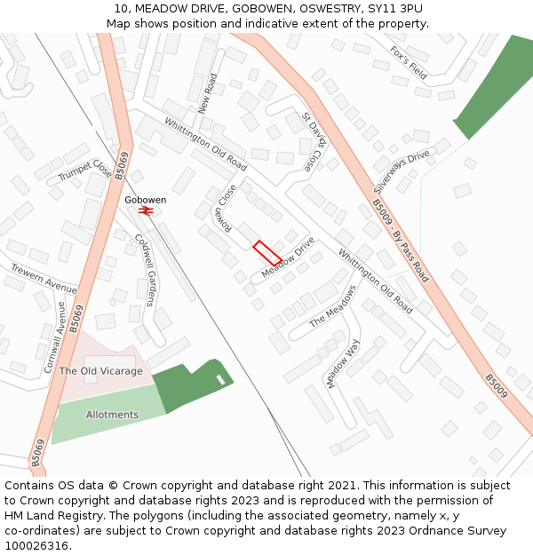 10, MEADOW DRIVE, GOBOWEN, OSWESTRY, SY11 3PU: Location map and indicative extent of plot