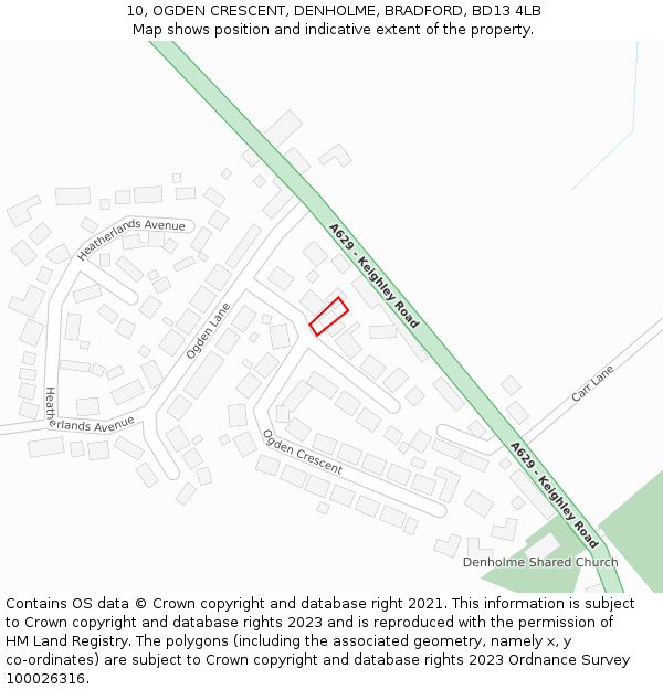 10, OGDEN CRESCENT, DENHOLME, BRADFORD, BD13 4LB: Location map and indicative extent of plot