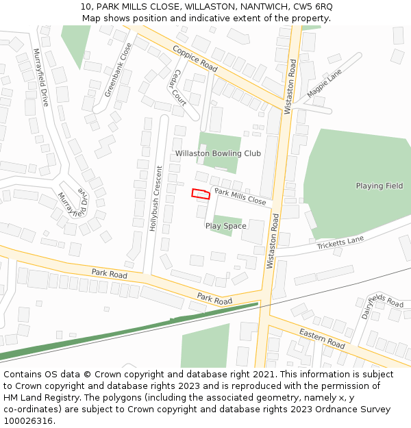 10, PARK MILLS CLOSE, WILLASTON, NANTWICH, CW5 6RQ: Location map and indicative extent of plot