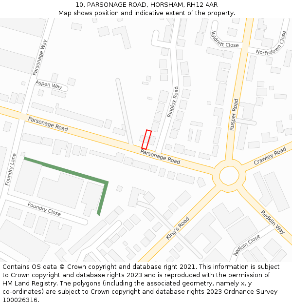 10, PARSONAGE ROAD, HORSHAM, RH12 4AR: Location map and indicative extent of plot