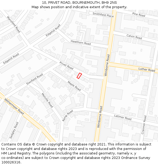 10, PRIVET ROAD, BOURNEMOUTH, BH9 2NS: Location map and indicative extent of plot