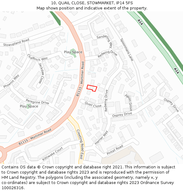 10, QUAIL CLOSE, STOWMARKET, IP14 5FS: Location map and indicative extent of plot