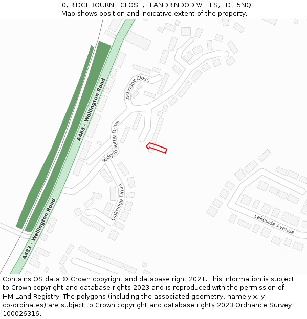 10, RIDGEBOURNE CLOSE, LLANDRINDOD WELLS, LD1 5NQ: Location map and indicative extent of plot