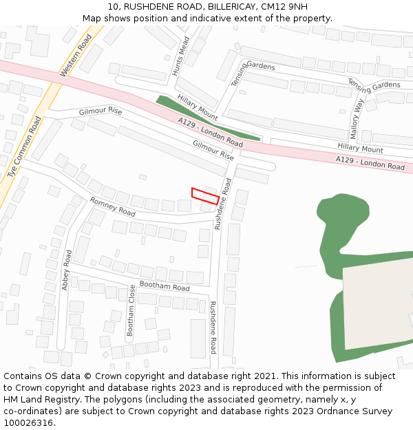 10, RUSHDENE ROAD, BILLERICAY, CM12 9NH: Location map and indicative extent of plot